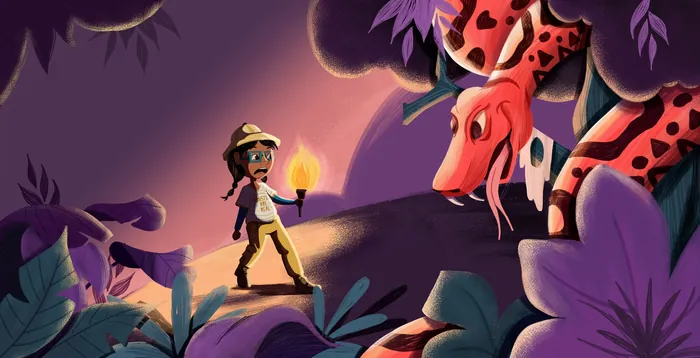 Young explorer holding torch facing large red spotted lizard by Andressa Meissner Kids