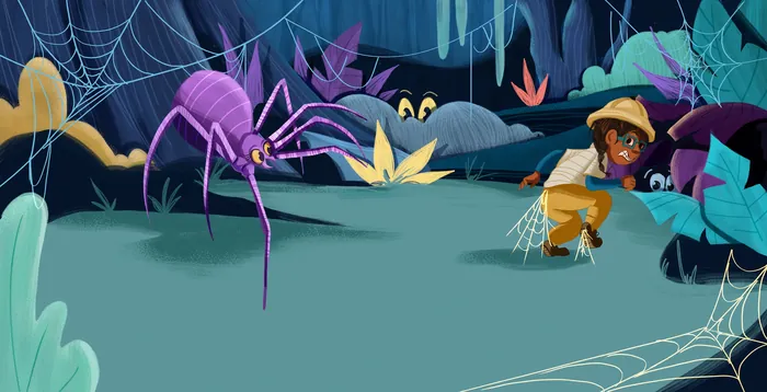 Child exploring cave with large purple spider and glowing eyes by Andressa Meissner