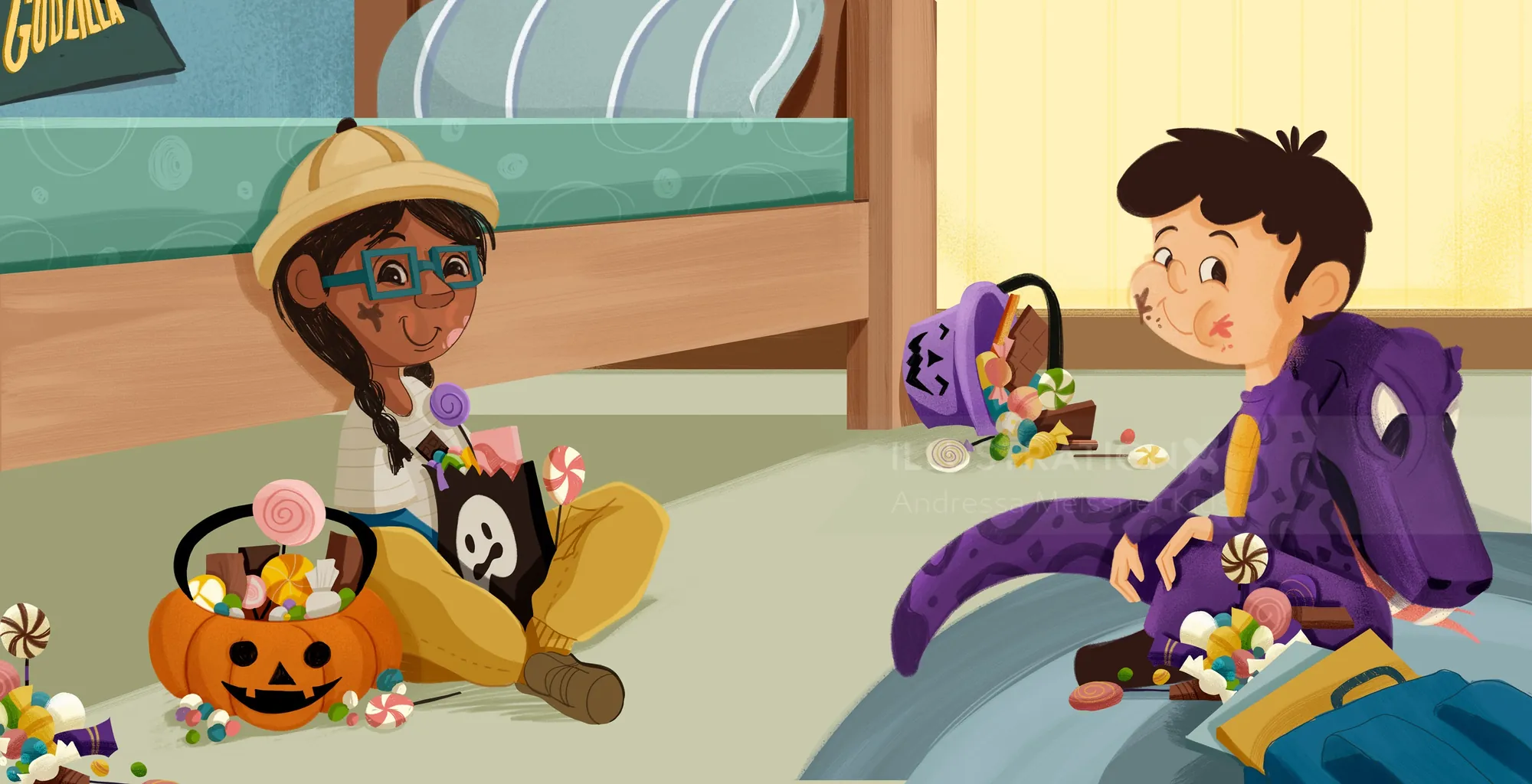 Children playing with Halloween toys indoors, digital art by Andressa Meissner Kids