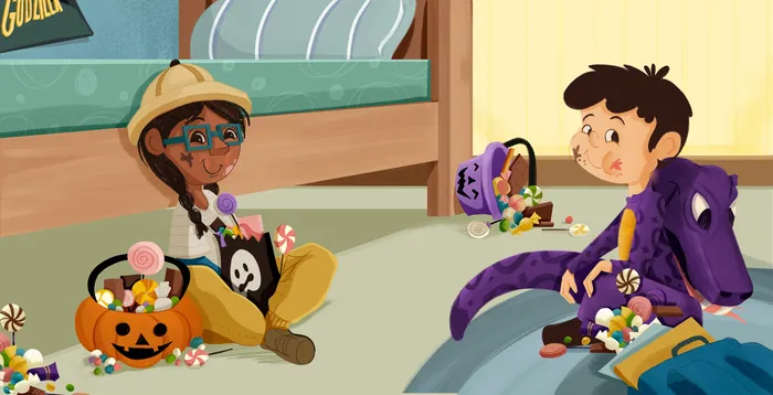 Children playing with Halloween toys indoors, digital art by Andressa Meissner Kids