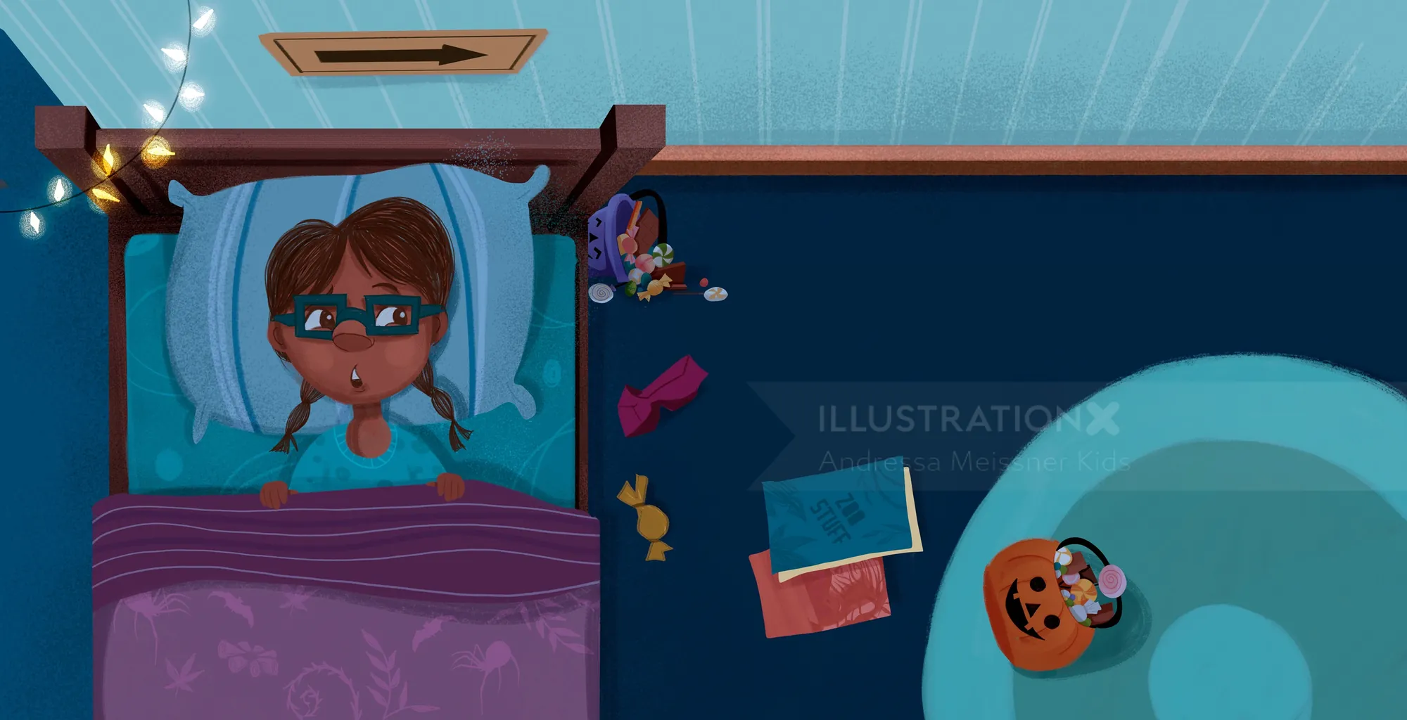 Child in bed wearing sleep mask with toys and books on floor by Andressa Meissner Kids