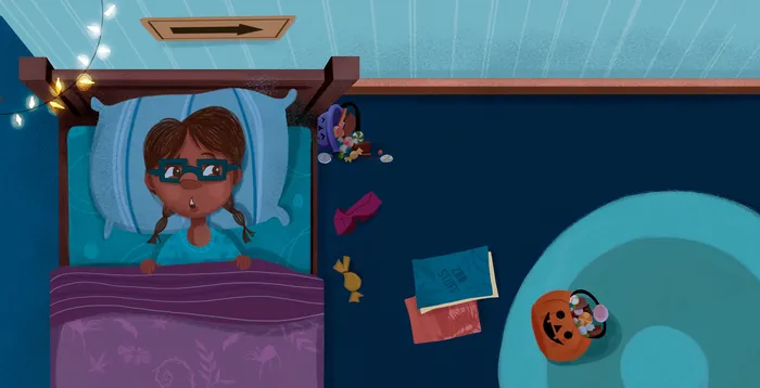 Child in bed wearing sleep mask with toys and books on floor by Andressa Meissner Kids