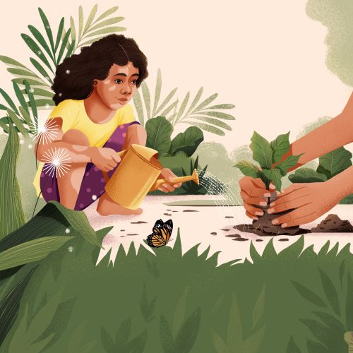 Child watering plant and adult planting in garden by Andressa Meissner