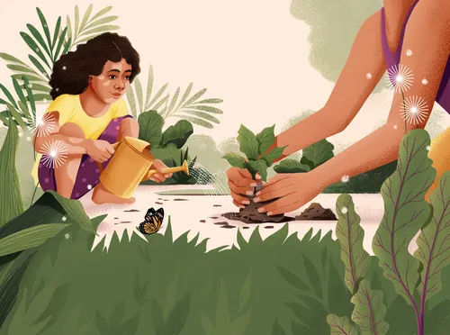 Child watering plant and adult planting in garden by Andressa Meissner