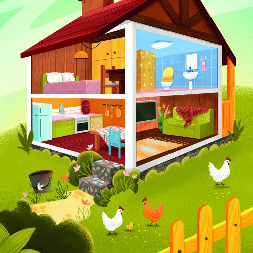 Cutaway view of a house with indoor rooms and chickens outside by Andressa Meissner