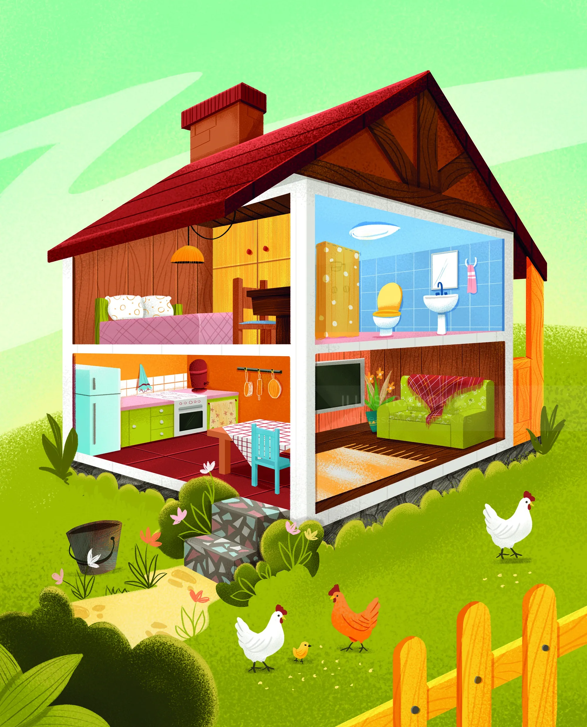 Cutaway view of a house with indoor rooms and chickens outside by Andressa Meissner