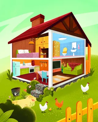 Cutaway view of a house with indoor rooms and chickens outside by Andressa Meissner