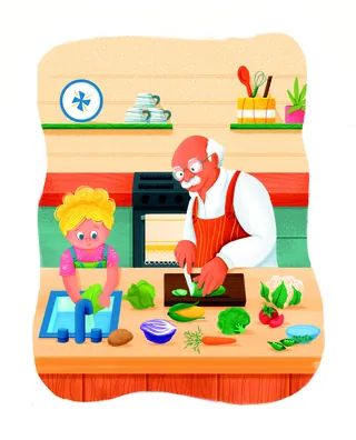 Grandfather and child cooking vegetables in kitchen by Andressa Meissner Kids