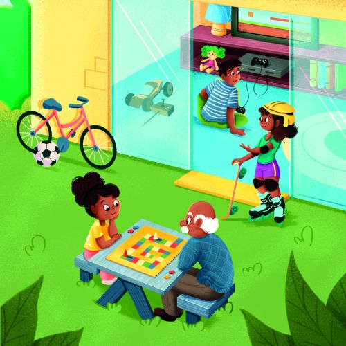 Children playing board game and kids inside a house with bike outside by Andressa Meissner Kids