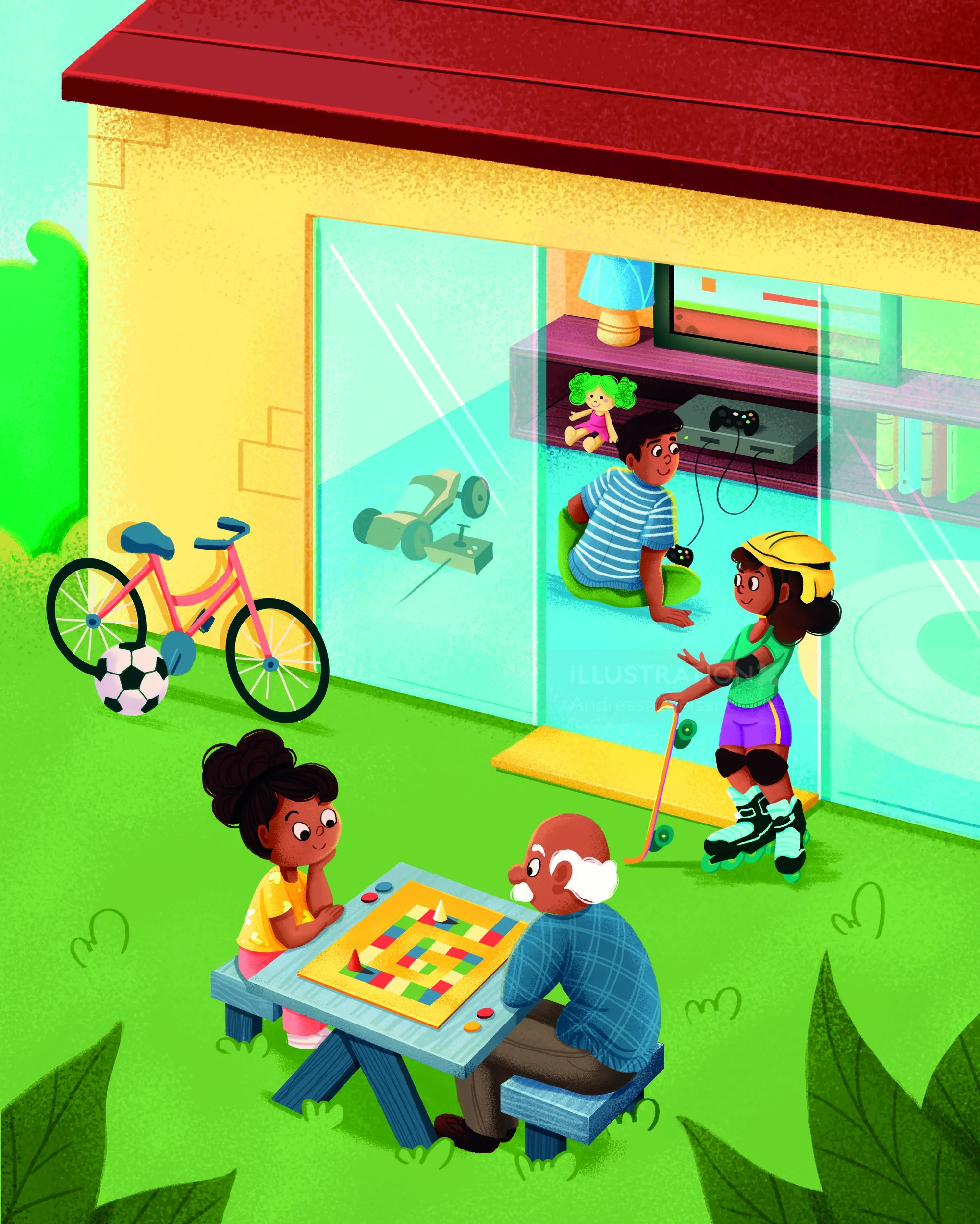 Children playing board game and kids inside a house with bike outside by Andressa Meissner Kids