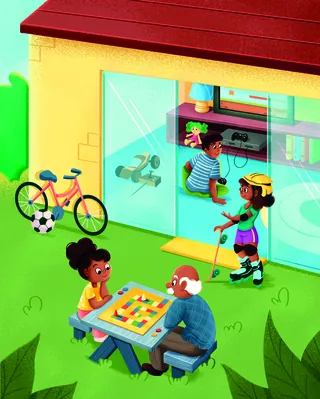 Children playing board game and kids inside a house with bike outside by Andressa Meissner Kids