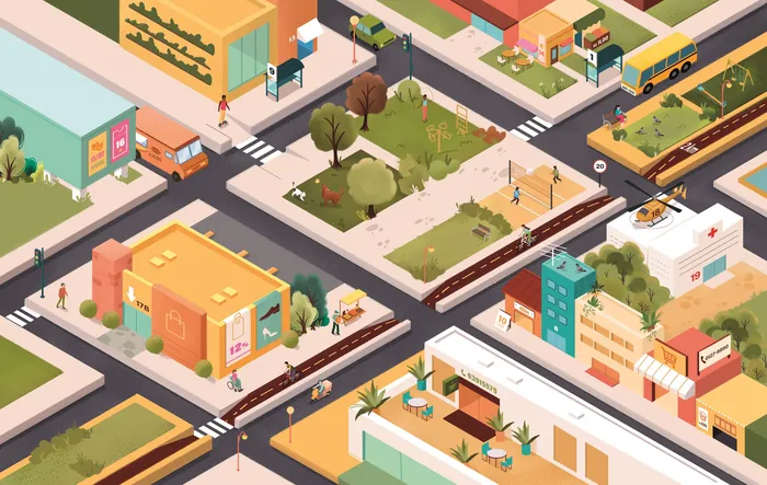 Isometric colorful city block with park, buildings, and streets by Andressa Meissner Kids