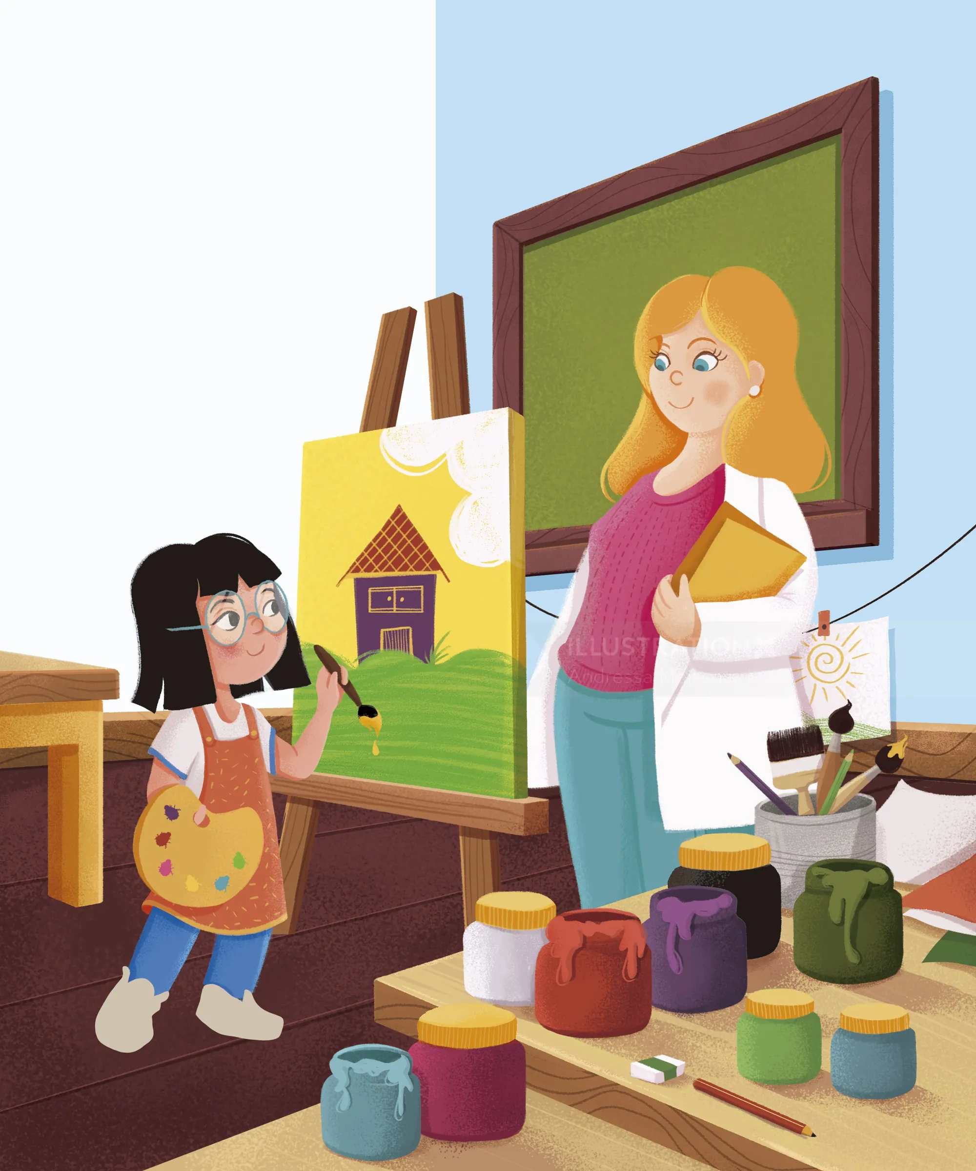 Child painting on easel with teacher holding book in classroom by Andressa Meissner Kids