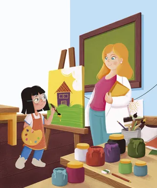 Child painting on easel with teacher holding book in classroom by Andressa Meissner Kids
