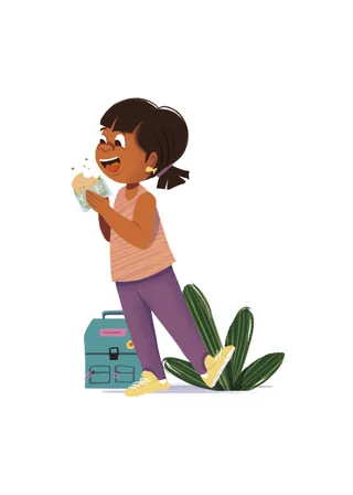 Cheerful girl eating sandwich near lunchbox and plants by Andressa Meissner