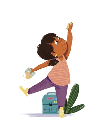 Young girl reaching up with yellow and blue items by backpack, by Andressa Meissner