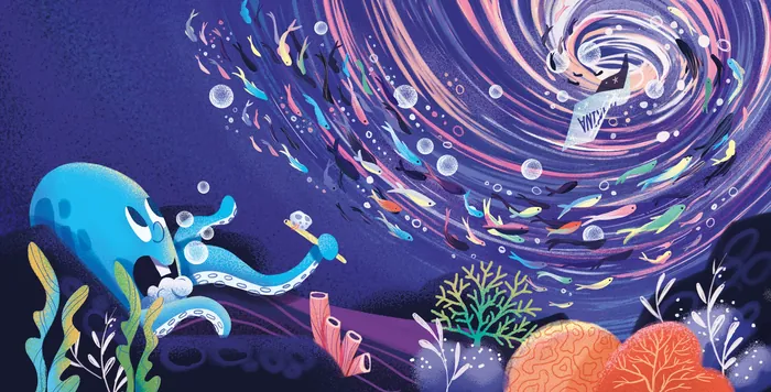 Underwater scene with octopus near coral and swirling vortex by Andressa Meissner
