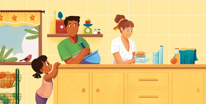 A man and woman baking with a child reaching in the kitchen by Andressa Meissner