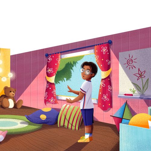 Children playing in colorful bedroom with toys and cushions by Andressa Meissner