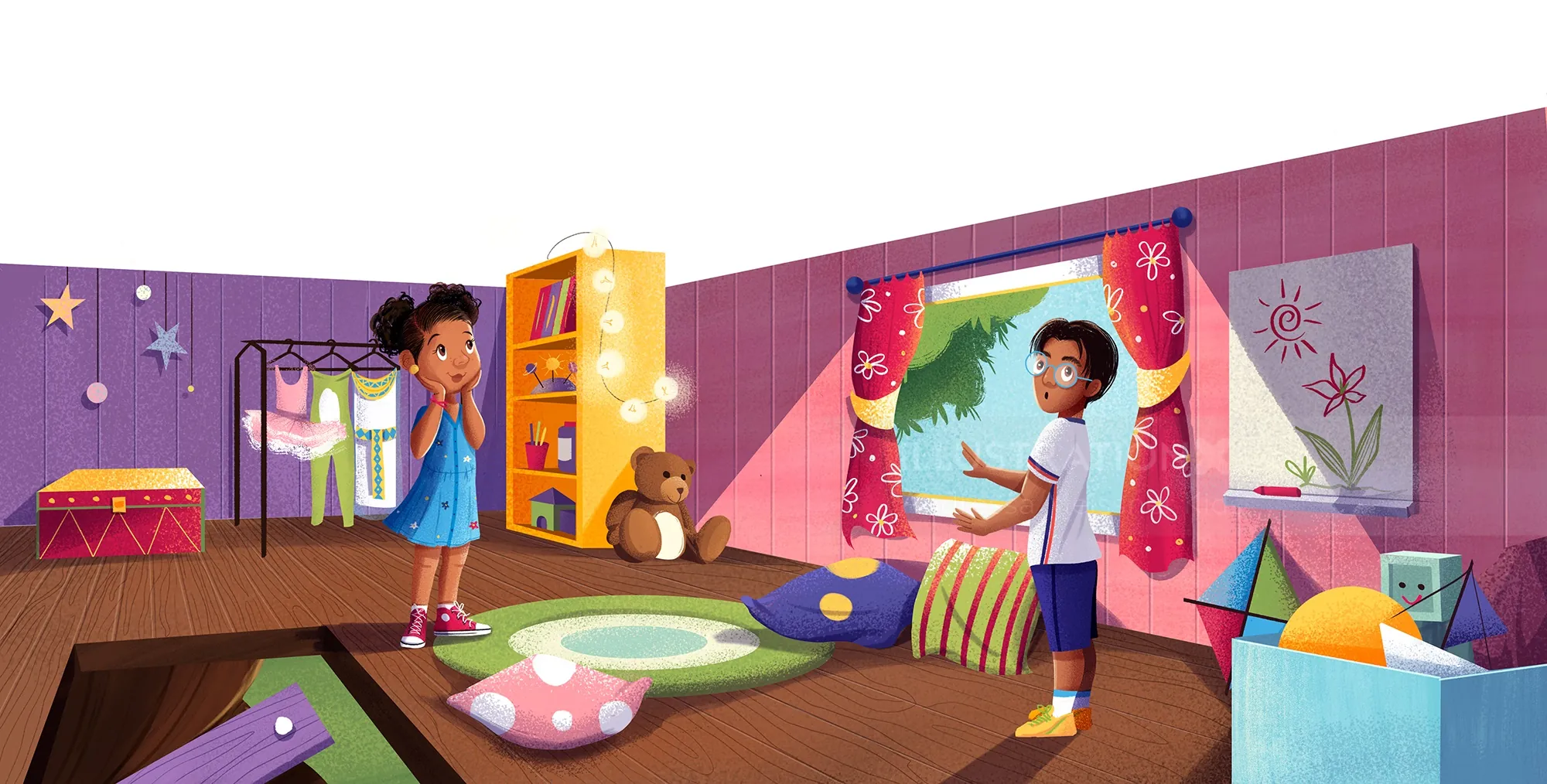 Children playing in colorful bedroom with toys and cushions by Andressa Meissner