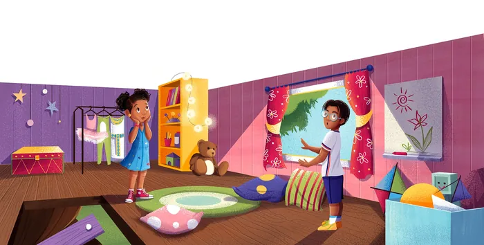 Children playing in colorful bedroom with toys and cushions by Andressa Meissner