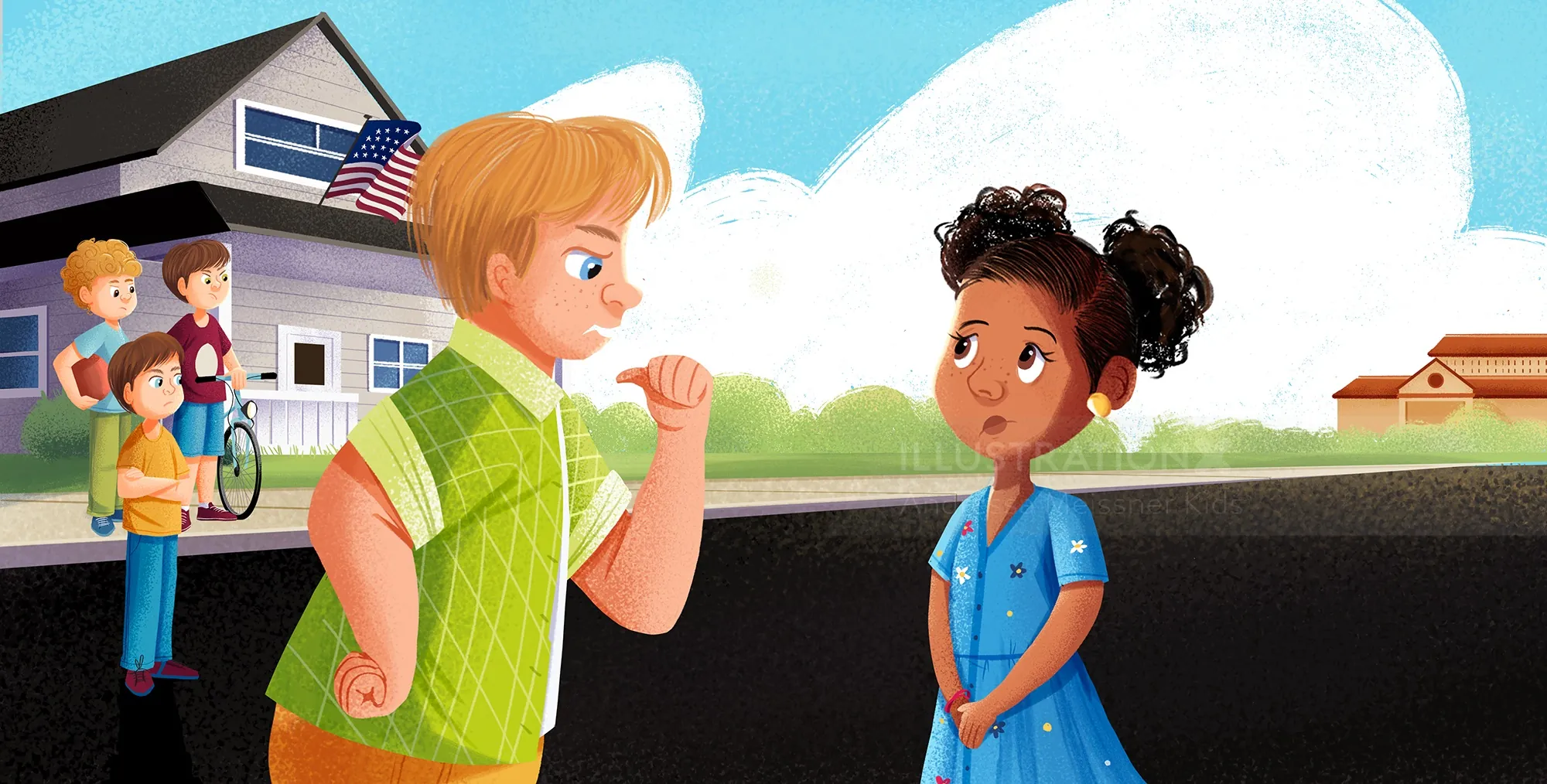 Two kids talking on a suburban street with family nearby by Andressa Meissner
