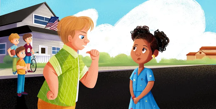 Two kids talking on a suburban street with family nearby by Andressa Meissner