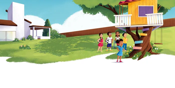 Children playing near treehouse outdoors by artist Andressa Meissner
