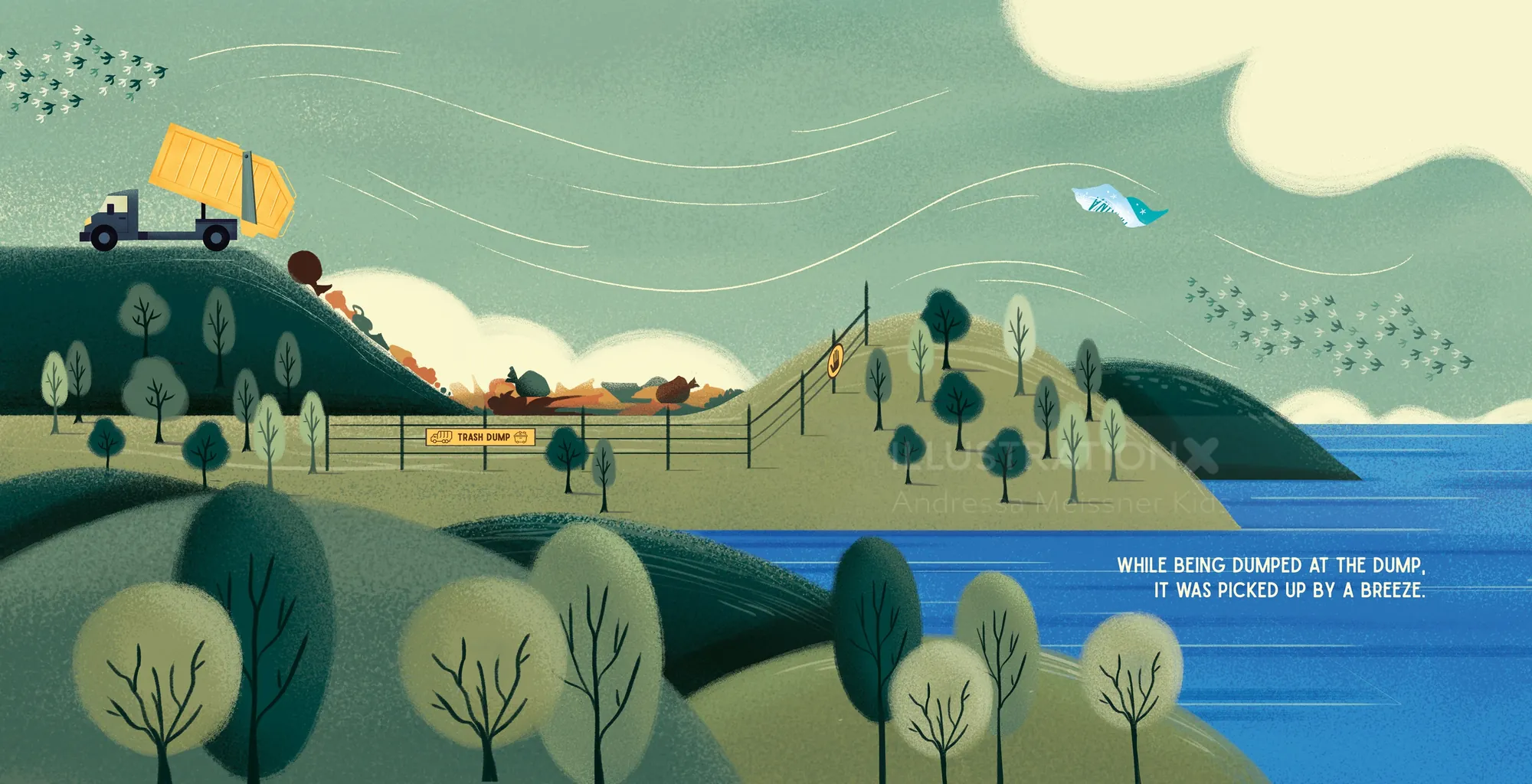 Coastal landscape with bridge, hills, trees, and bird by Andressa Meissner