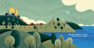 Coastal landscape with bridge, hills, trees, and bird by Andressa Meissner
