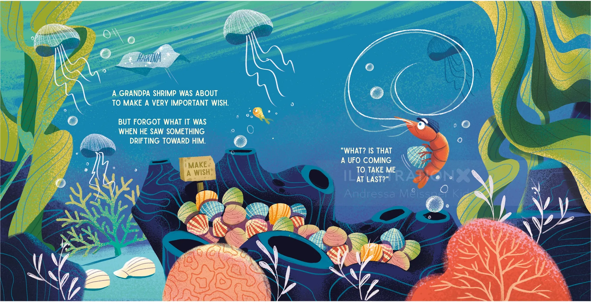 Underwater scene with colorful fish, coral, jellyfish, and shrimp by Andressa Meissner Kids