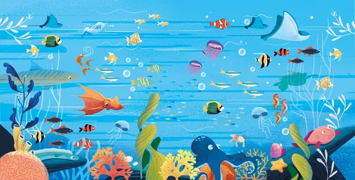Illustration of colorful fish and coral underwater by Andressa Meissner