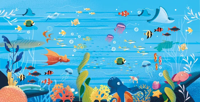 Illustration of colorful fish and coral underwater by Andressa Meissner