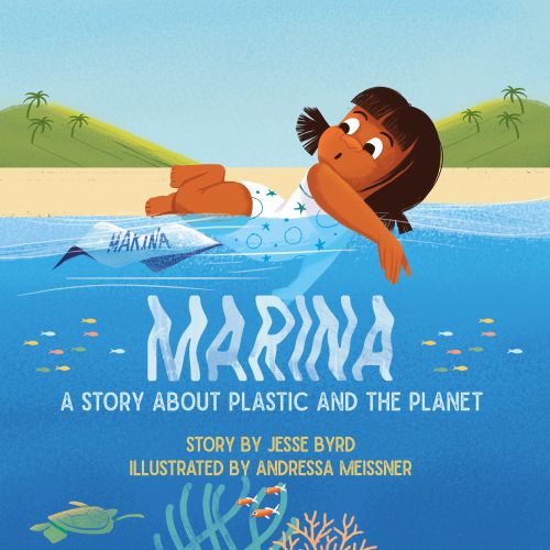 Illustration of child floating in water with plastic pollution by Andressa Meissner