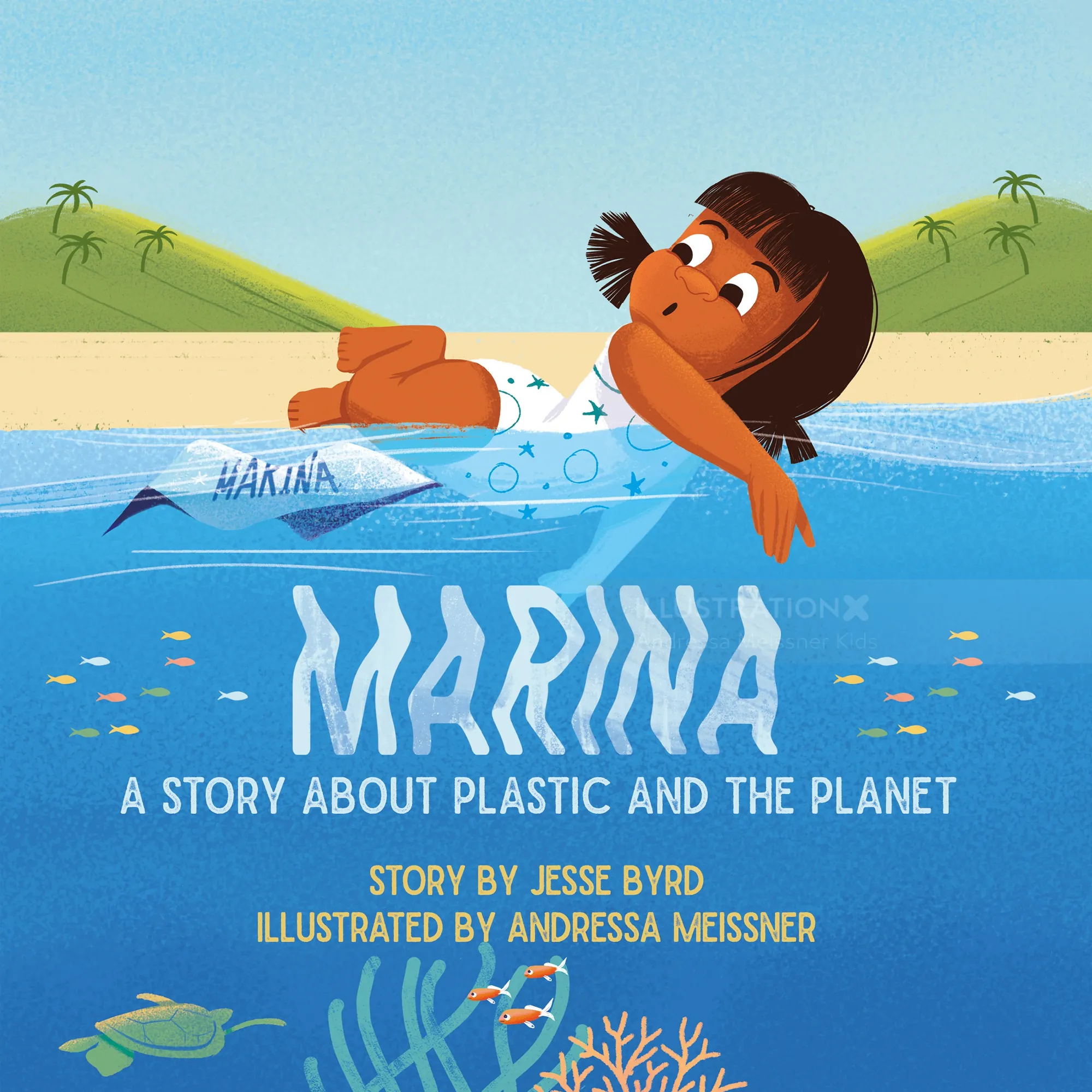 Illustration of child floating in water with plastic pollution by Andressa Meissner