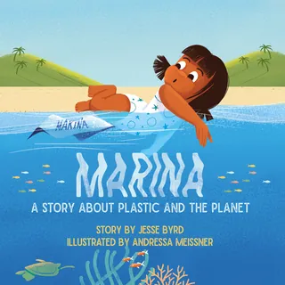 Illustration of child floating in water with plastic pollution by Andressa Meissner