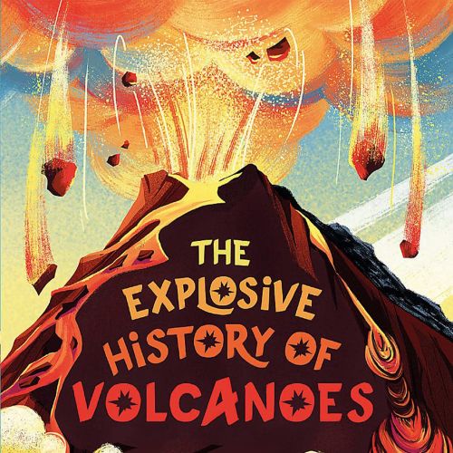 Erupting volcano with fiery lava and ash clouds illustration by Andressa Meissner