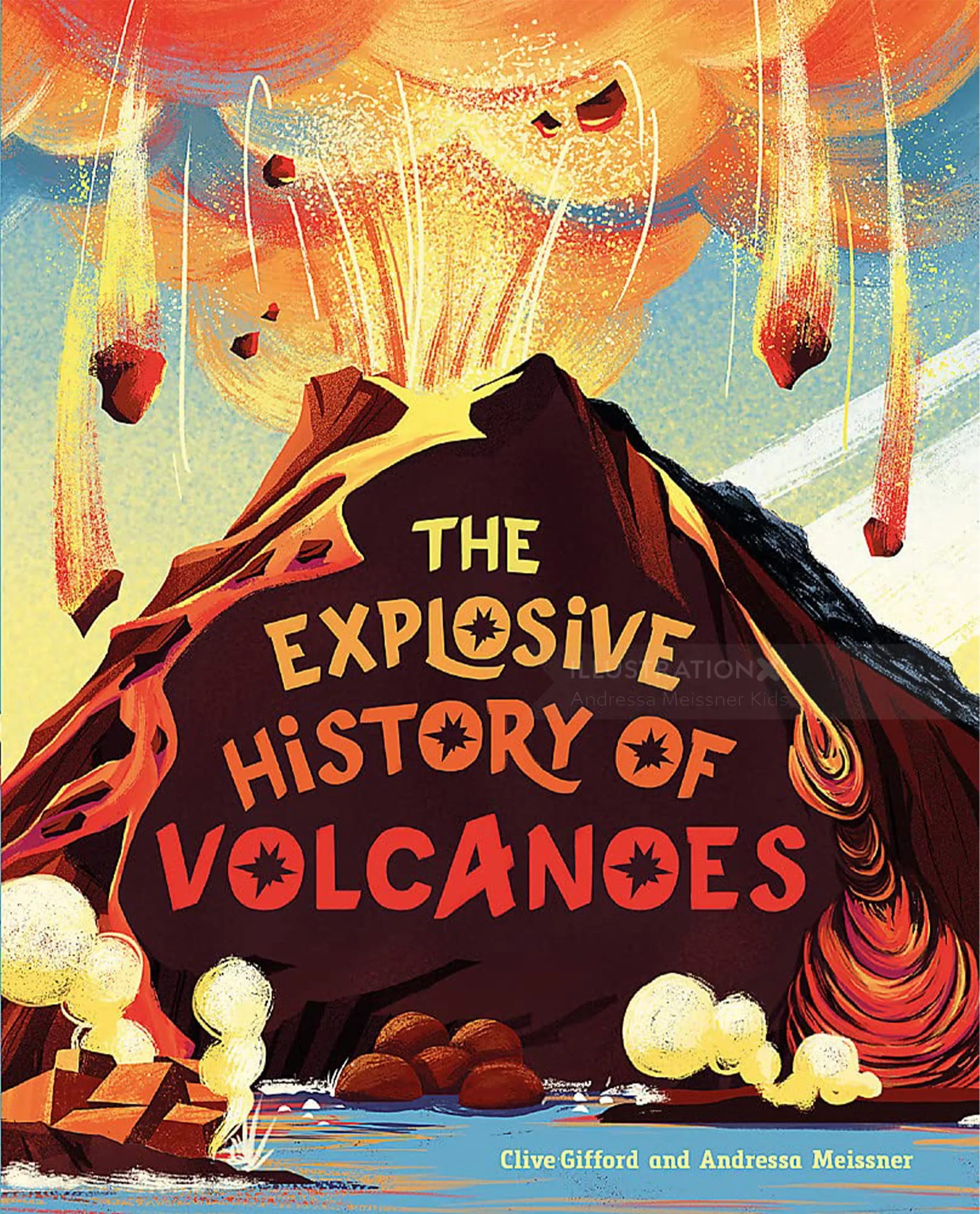 Erupting volcano with fiery lava and ash clouds illustration by Andressa Meissner