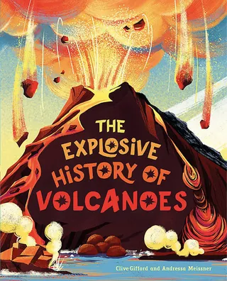 Erupting volcano with fiery lava and ash clouds illustration by Andressa Meissner