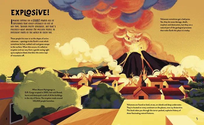Volcanic eruption with lava flow and ash clouds over a village