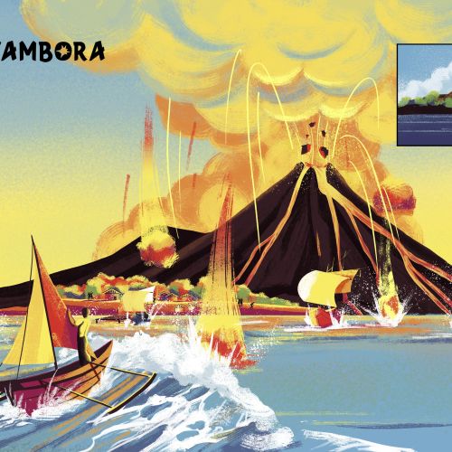 Mount Tambora volcano erupting with boats sailing in foreground