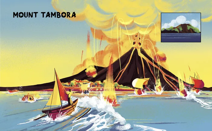 Mount Tambora volcano erupting with boats sailing in foreground