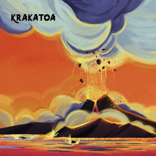 Krakatoa volcano erupting with lava and smoke over the ocean