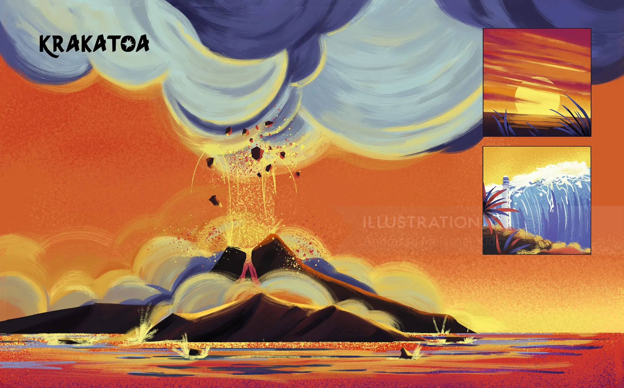 Krakatoa volcano erupting with lava and smoke over the ocean