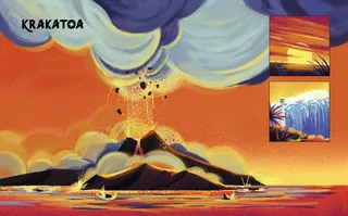 Krakatoa volcano erupting with lava and smoke over the ocean