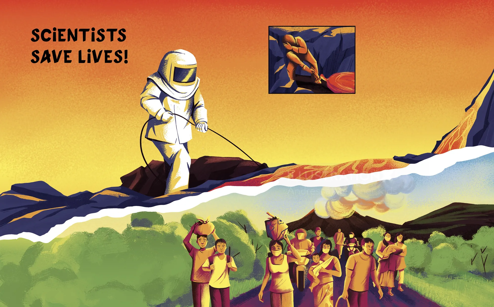 Scientist in hazmat suit collecting samples with text scientists save lives