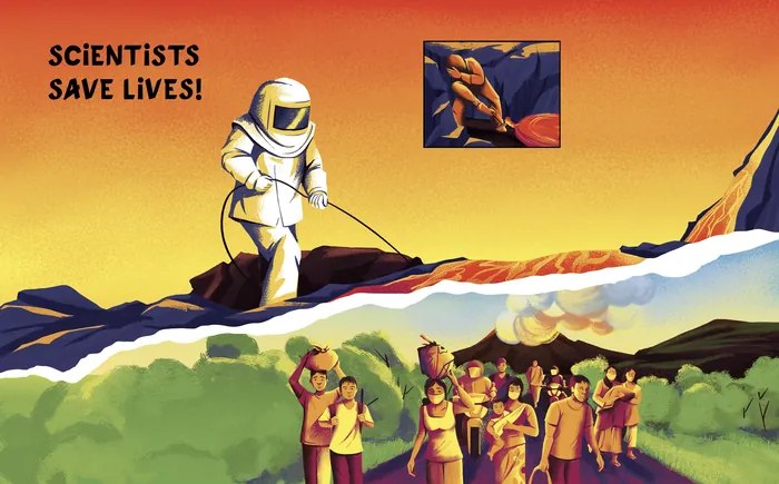 Scientist in hazmat suit collecting samples with text scientists save lives