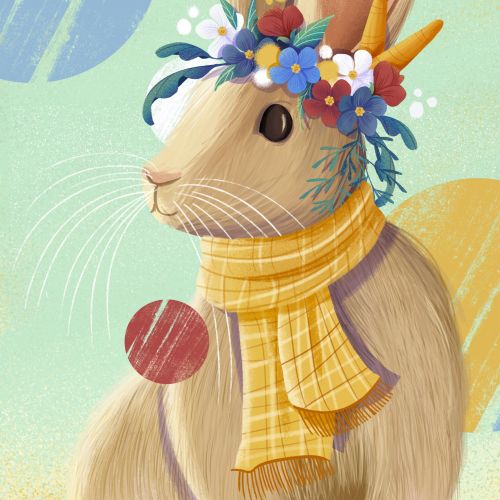 Rabbit with flower crown and yellow scarf in a pastel background