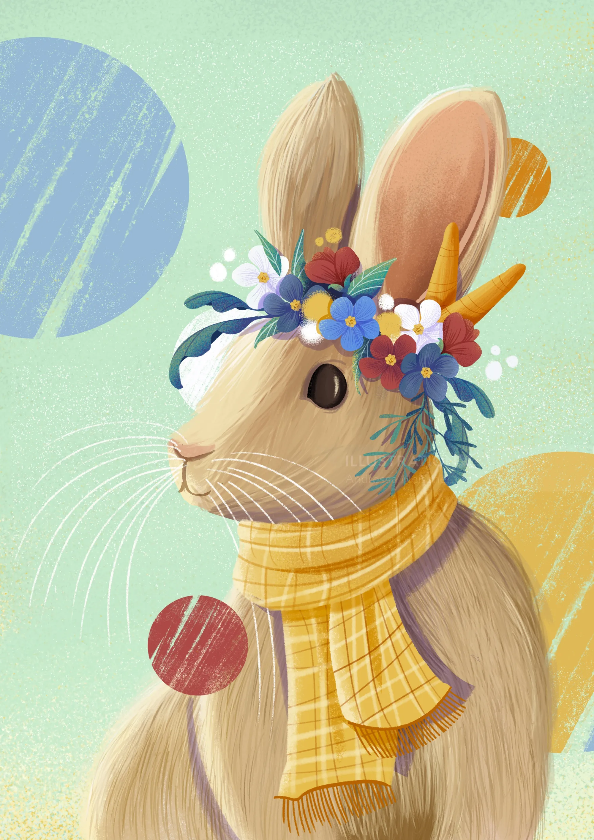 Rabbit with flower crown and yellow scarf in a pastel background
