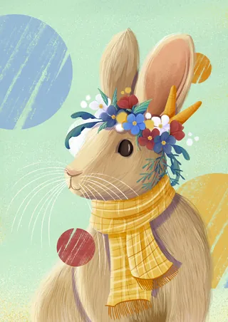 Rabbit with flower crown and yellow scarf in a pastel background